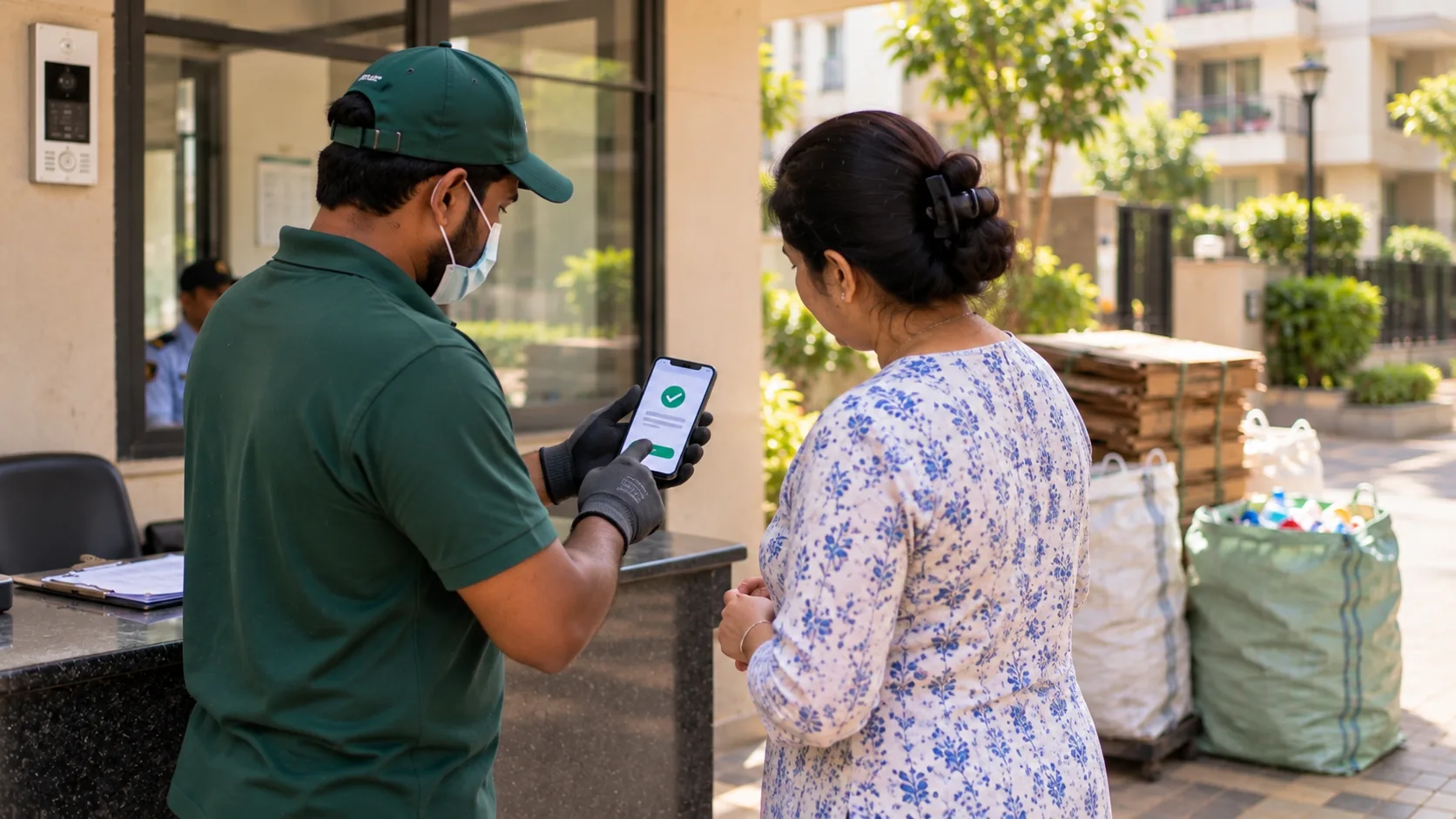Worker and resident confirming collection details on a smartphone