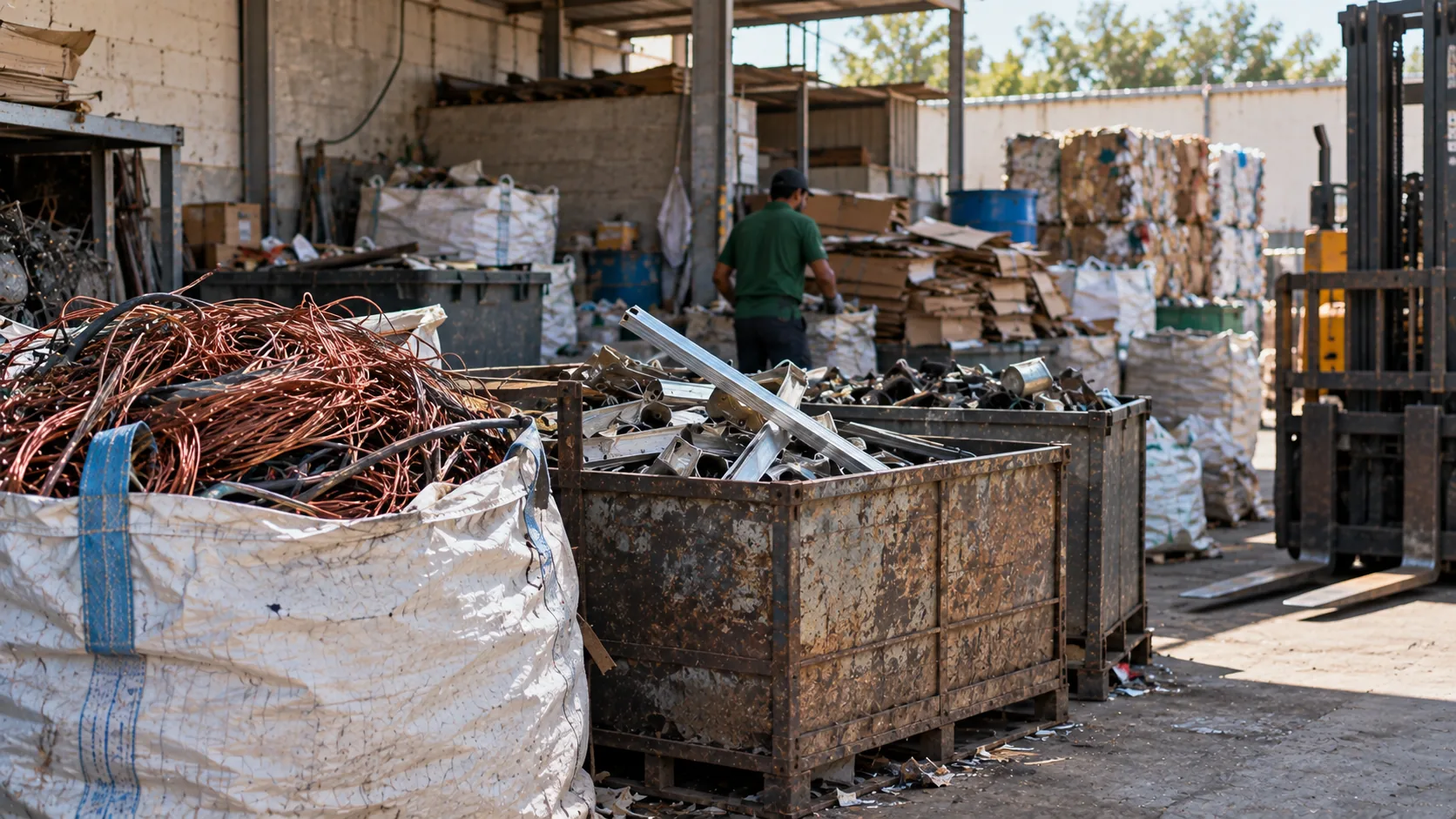Sorted recyclable scrap beside a working warehouse