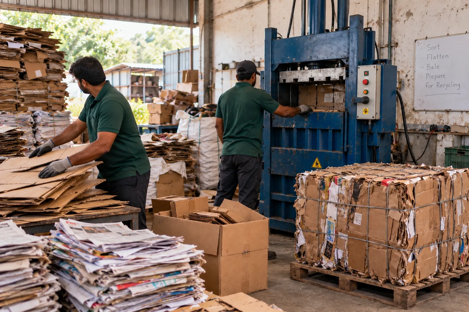 Workers sorting cardboard beside a hydraulic baler and a completed compressed bale