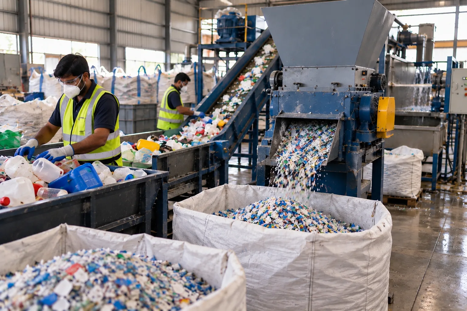 Workers sorting plastic beside a conveyor and plastic-processing machinery
